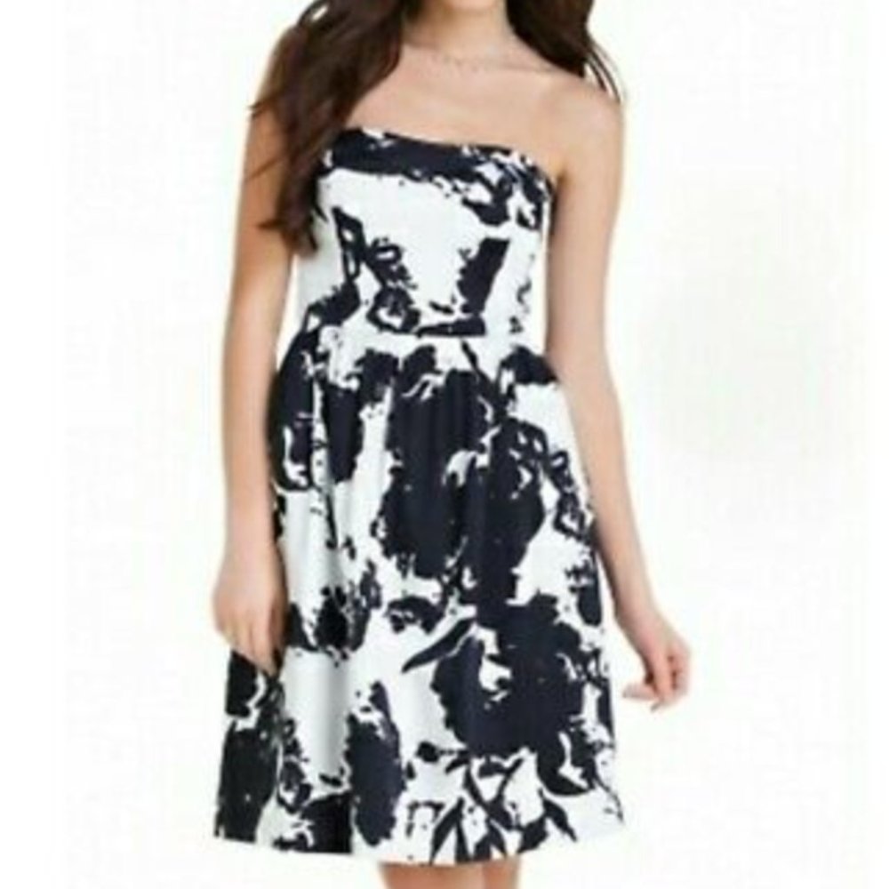 Strapless Black and White Patterned Print Fit and Flare Dress by The Limited